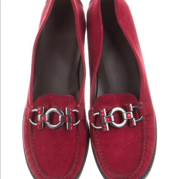 Stuart Weitzman Suede Loafers, Burgundy, leather trim, round toes - Picture 2 of 5
